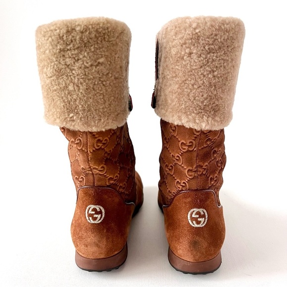 GUCCI | Apres Brown Suede Shearling GG Monogram Web Stripe Ankle Ski Boot EU36.5 - Picture 7 of 15